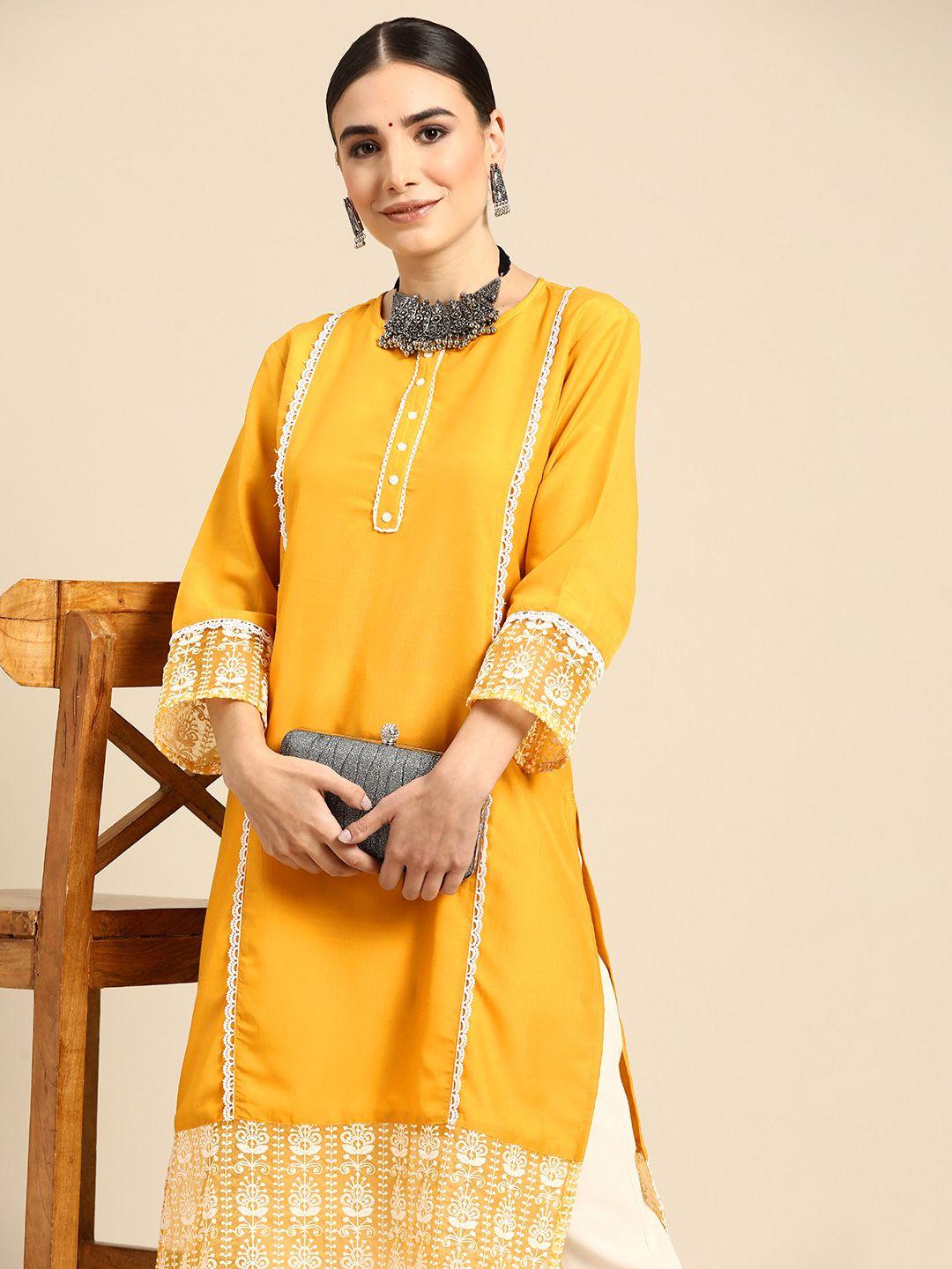 anouk women mustard yellow & white ethnic motifs print kurta with lace detail