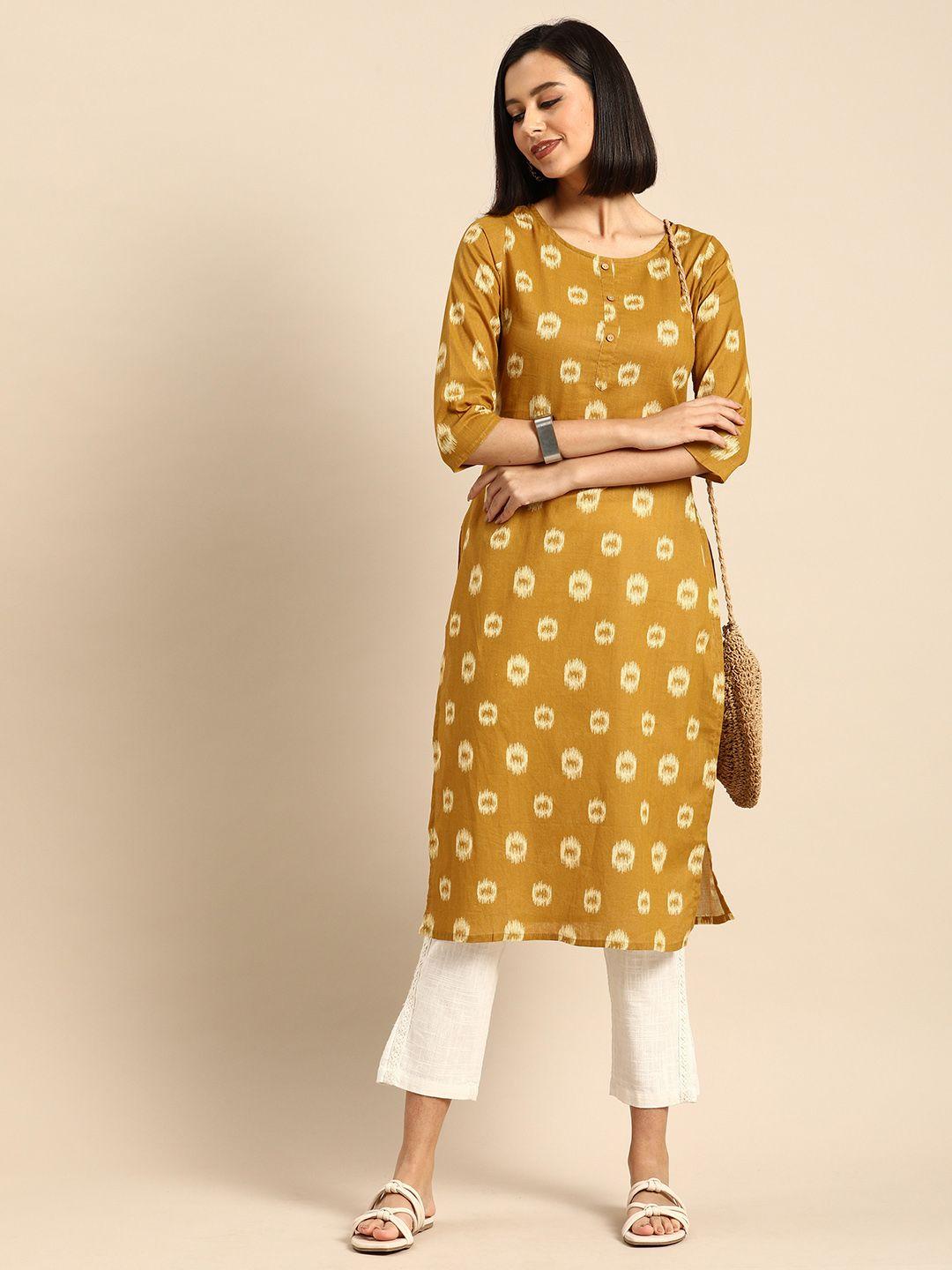 anouk women mustard yellow abstract printed pure cotton kurta