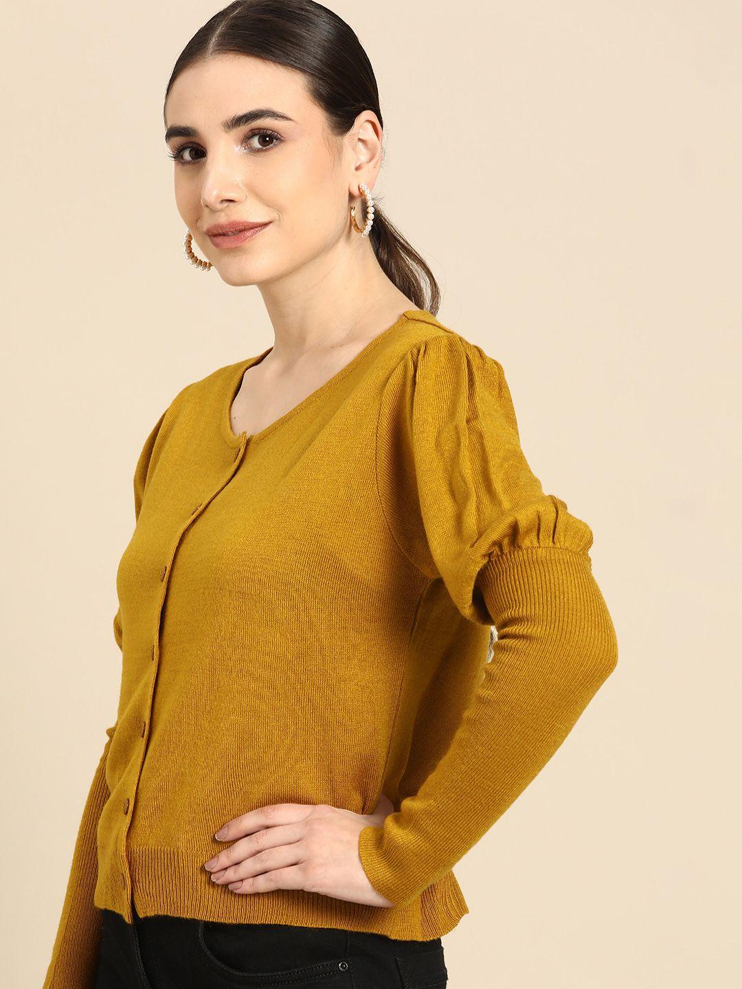 anouk women mustard yellow acrylic solid cardigan