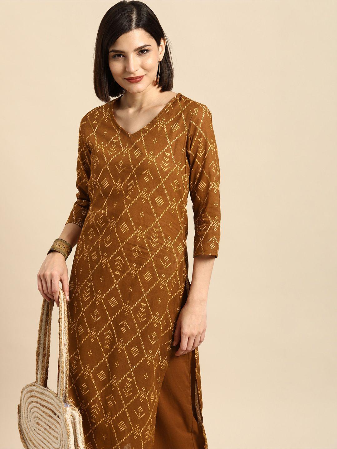 anouk women mustard yellow bandhani printed pure cotton kurta with palazzos