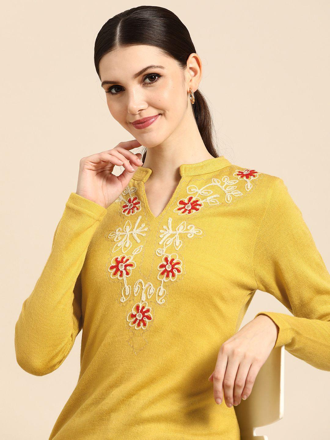 anouk women mustard yellow embroidered thread work kurta