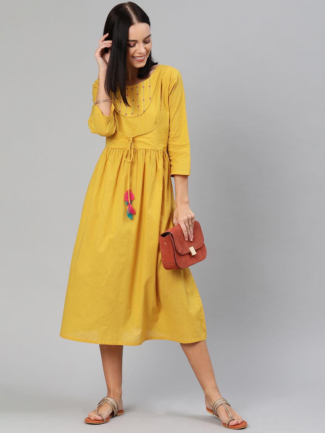 anouk women mustard yellow embroidered waist tie-up fit and flare dress