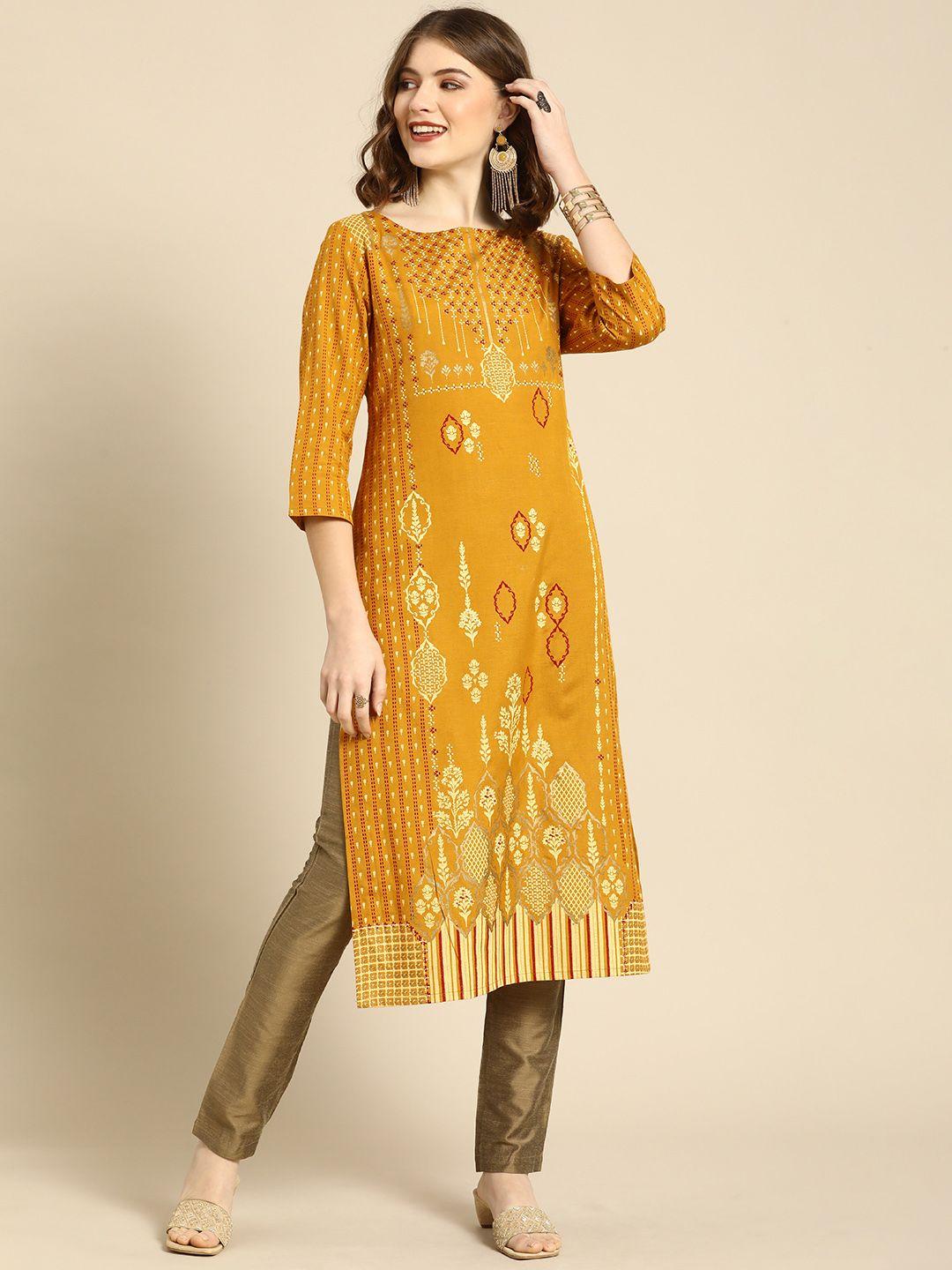 anouk women mustard yellow ethnic motifs printed boat neck regular sleeves straight kurta