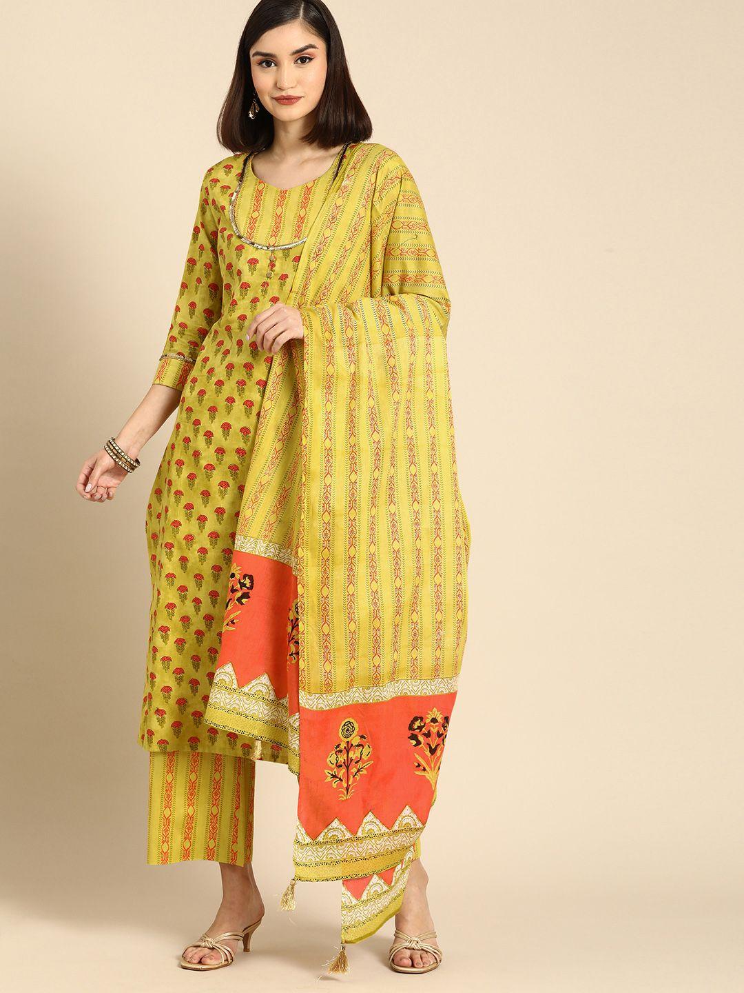 anouk women mustard yellow ethnic motifs printed cotton kurta with palazzos & with dupatta