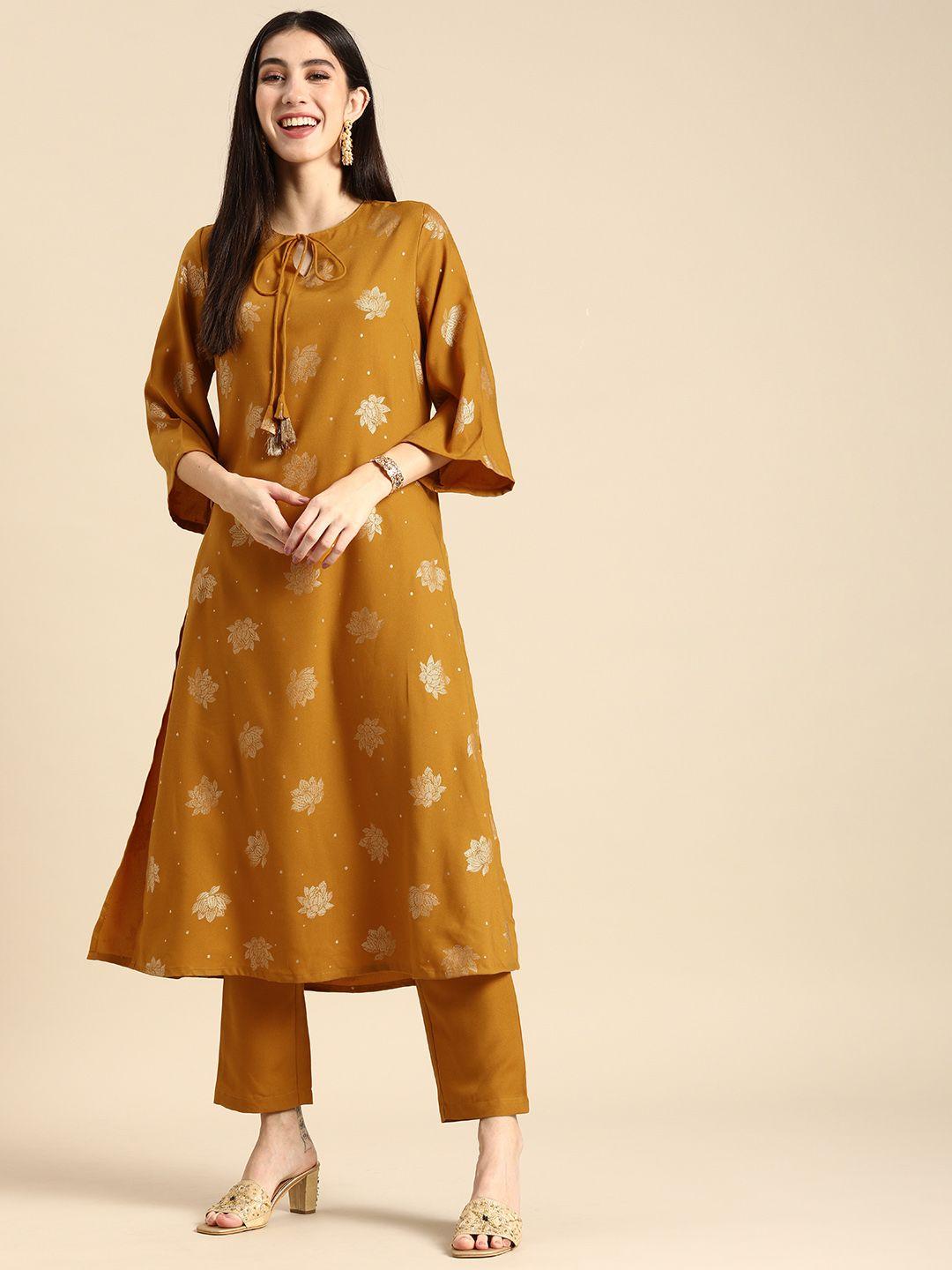 anouk women mustard yellow ethnic motifs printed kurta with trousers