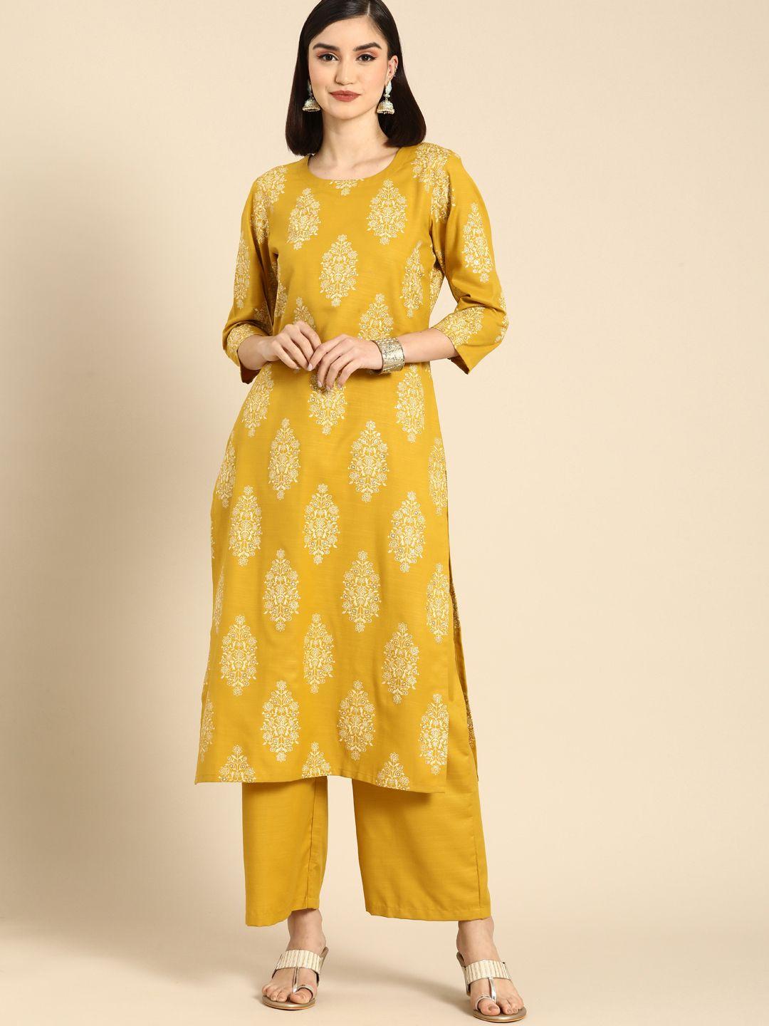anouk women mustard yellow ethnic motifs printed regular kurta with palazzos