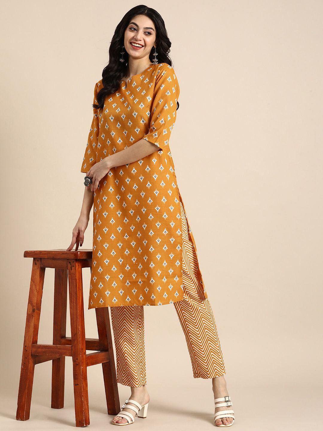 anouk women mustard yellow printed regular kurta with trousers