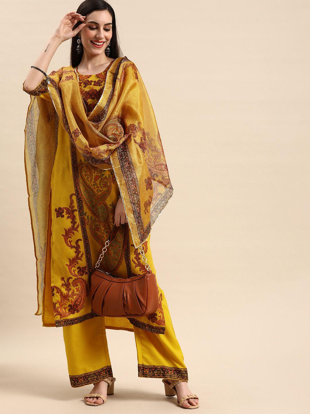 anouk women mustard yellow pure cotton printed kurta with palazzos & dupatta