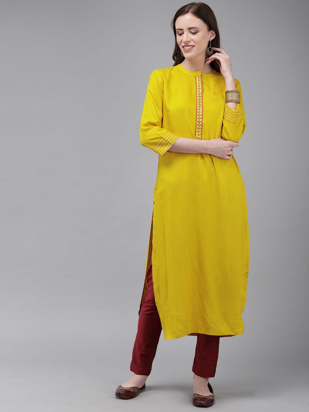anouk women mustard yellow solid straight kurta with embroidered detail