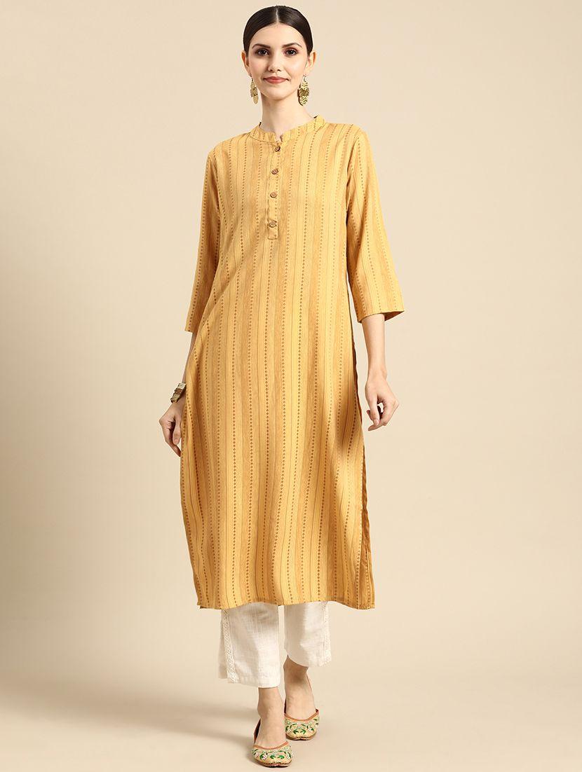 anouk women mustard yellow striped kurta