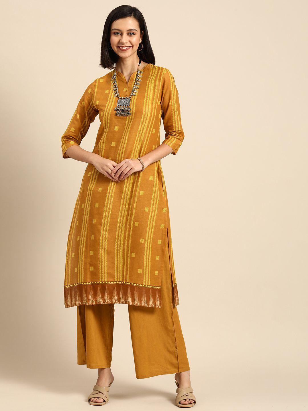 anouk women mustard yellow striped pure cotton kurta with palazzos