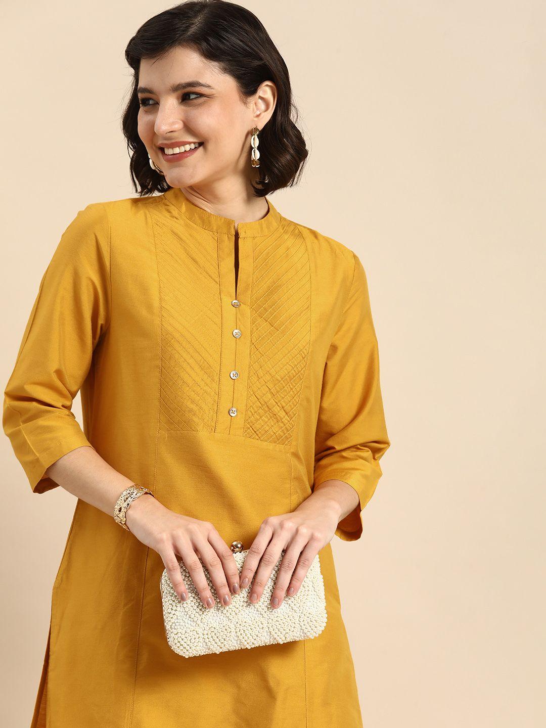 anouk women mustard yellow striped v-neck regular kurta with pin tuck detail