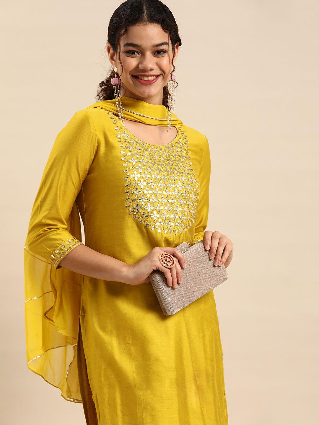 anouk women mustard yellow yoke design chanderi silk kurta with palazzos & dupatta