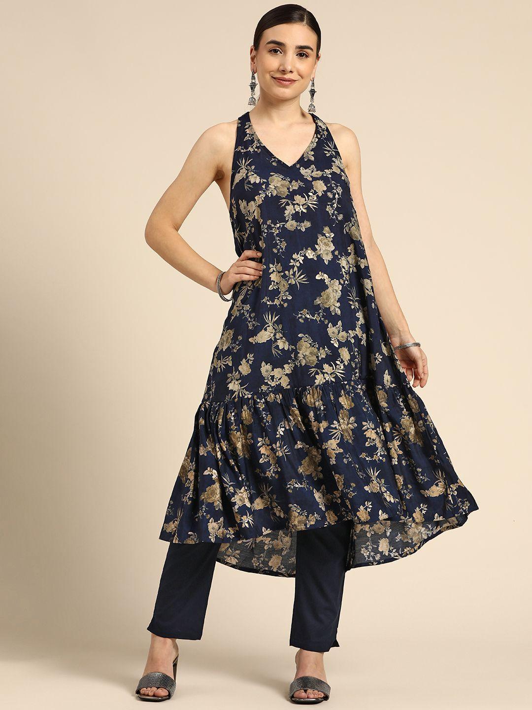 anouk women navy blue & beige floral printed kurta with trousers