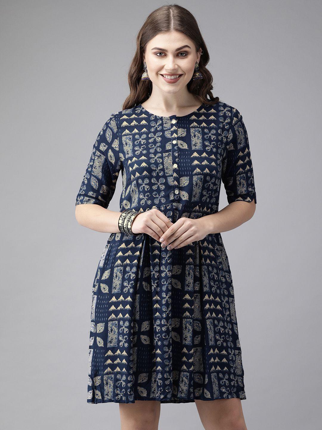 anouk women navy blue & beige printed fit and flare dress with pleated detail