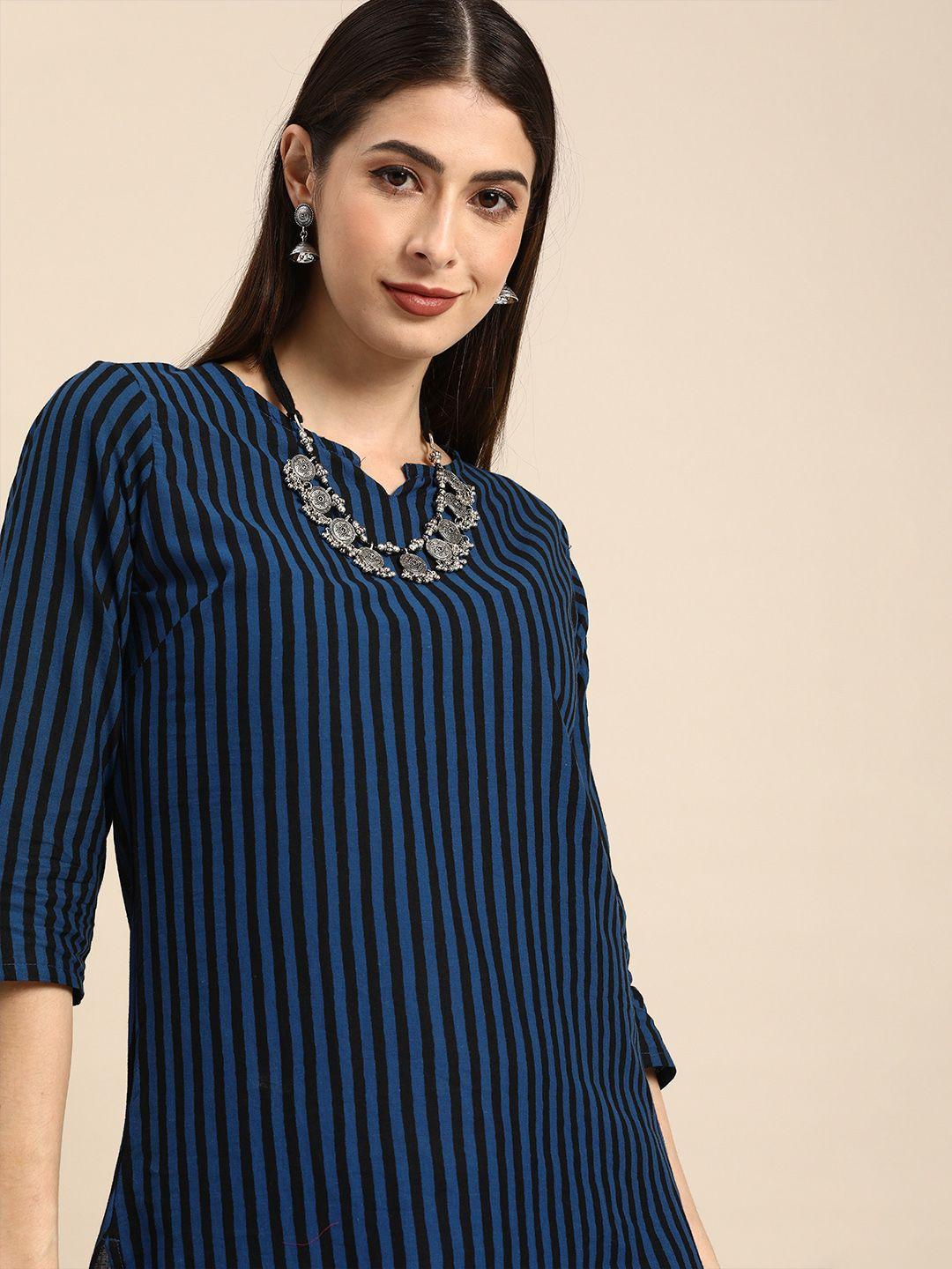 anouk women navy blue & black striped pure cotton regular kurta with trousers