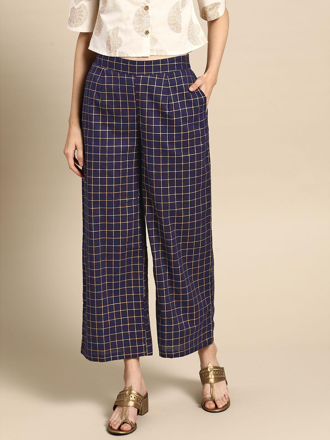 anouk women navy blue & gold-toned pure cotton checked cropped ethnic palazzos