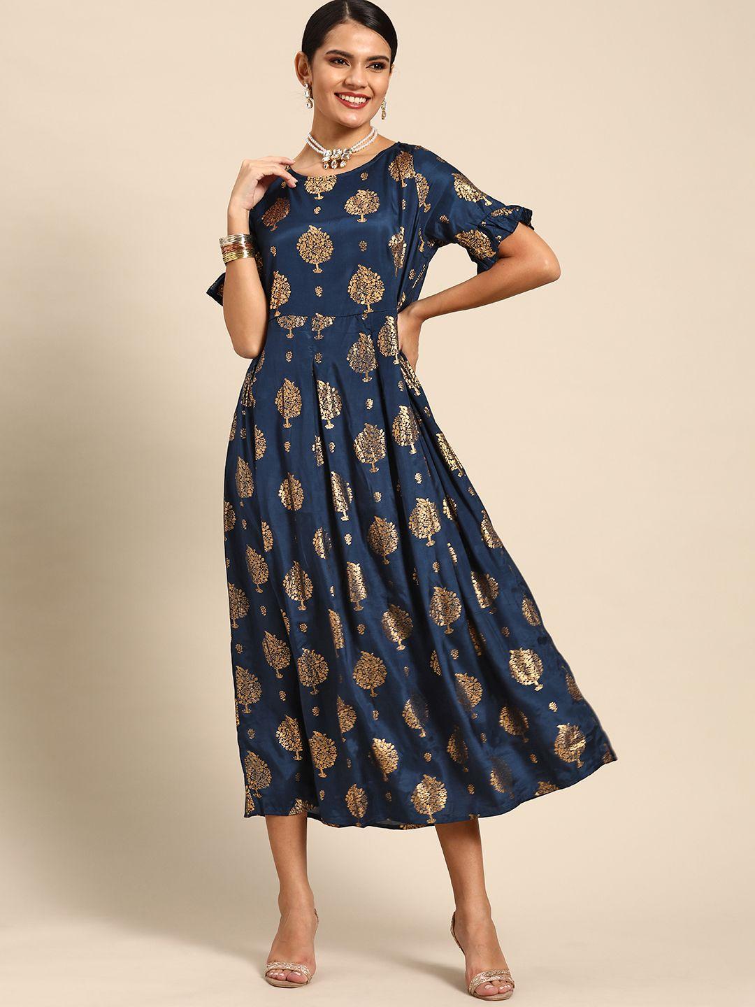 anouk women navy blue & golden ethnic motifs printed a-line dress