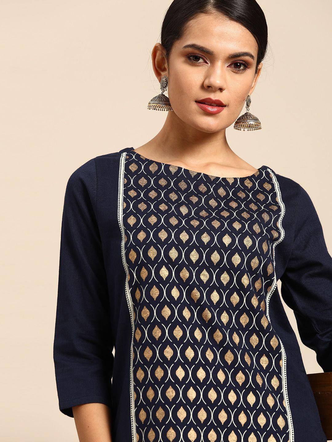 anouk women navy blue & golden pure cotton geometric printed straight kurta