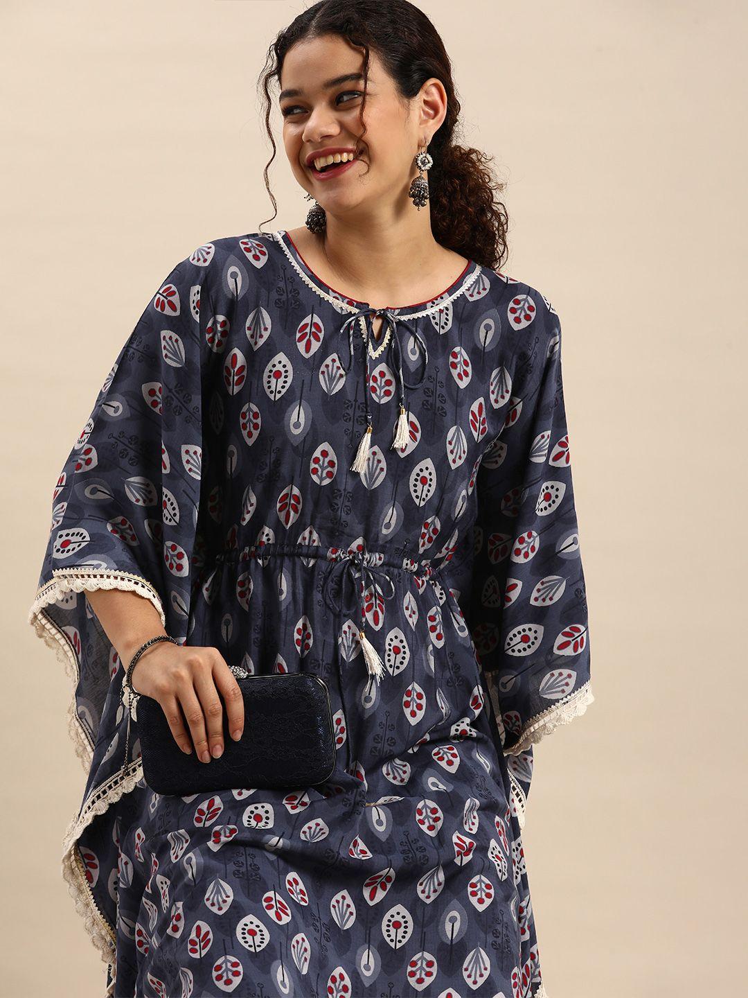 anouk women navy blue & maroon chanderi cotton printed extended sleeves kaftan kurta