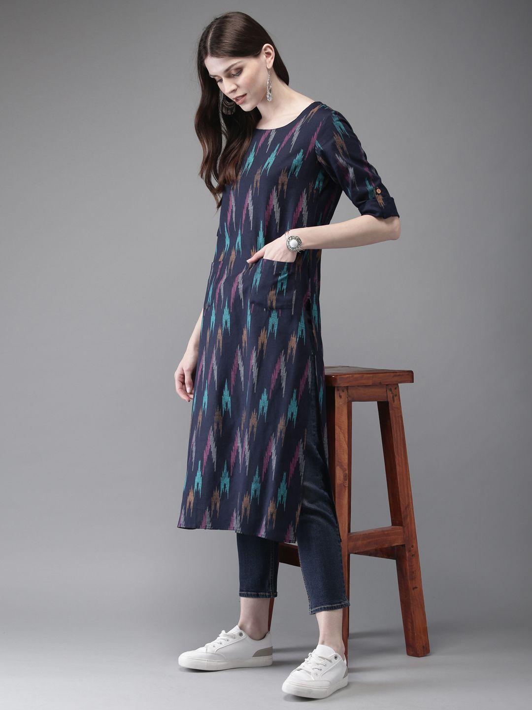 anouk women navy blue & pink ikat print straight kurta