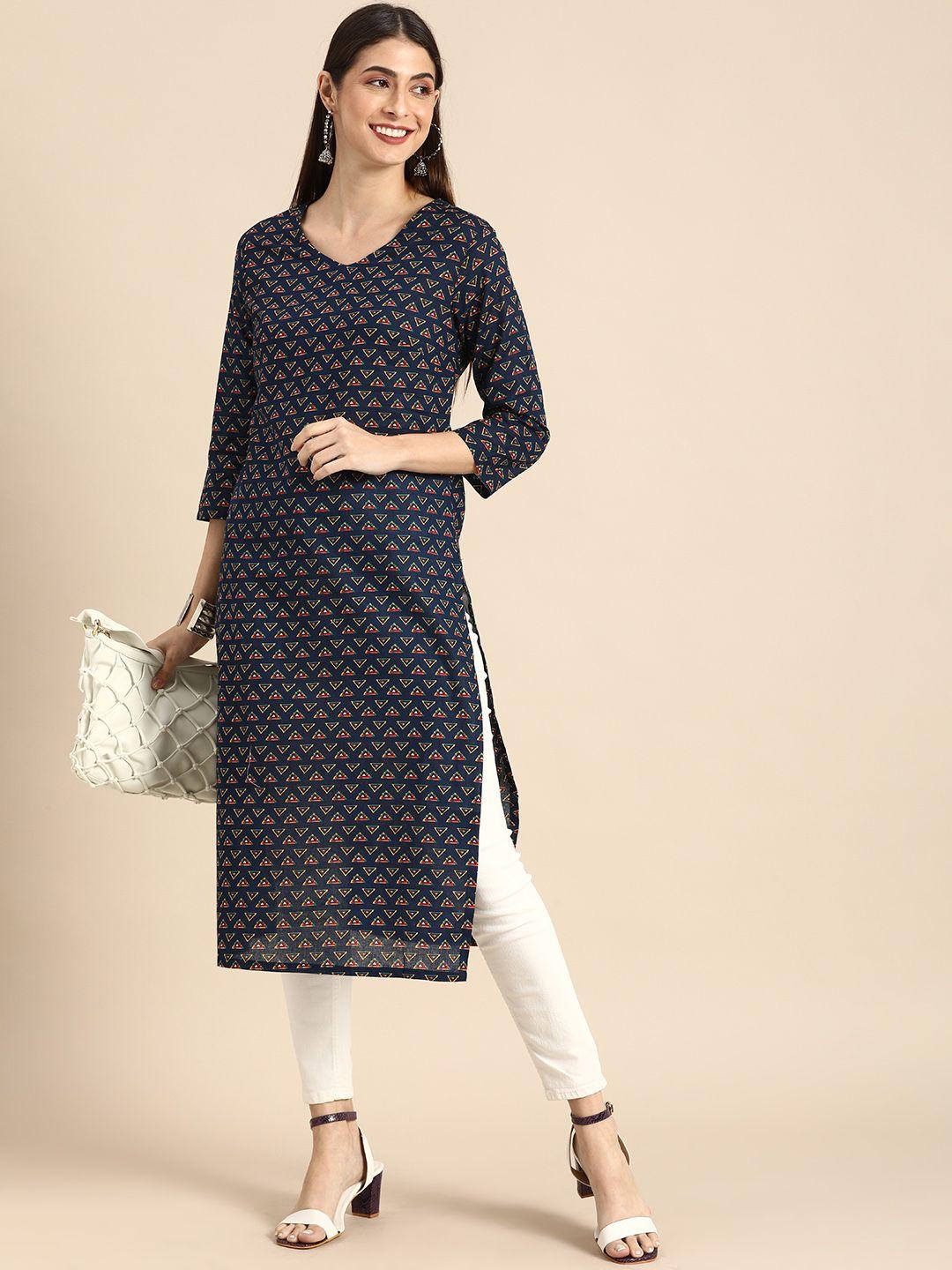 anouk women navy blue & red geometric printed kurta