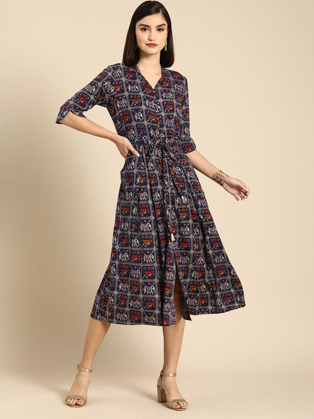 anouk women navy blue & red printed fit & flare dress