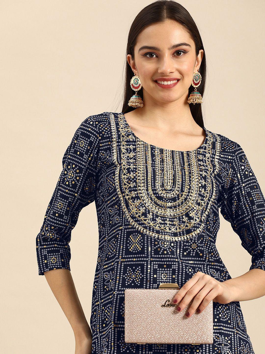 anouk women navy blue & white bandhani printed sequin detail kurta