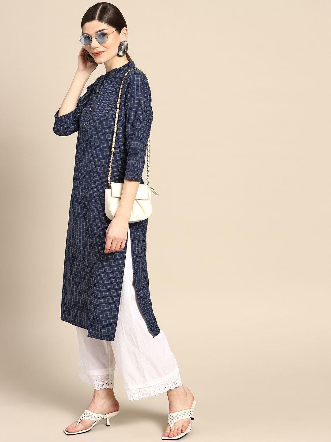 anouk women navy blue & white checked yarn-dyed woven design kurta