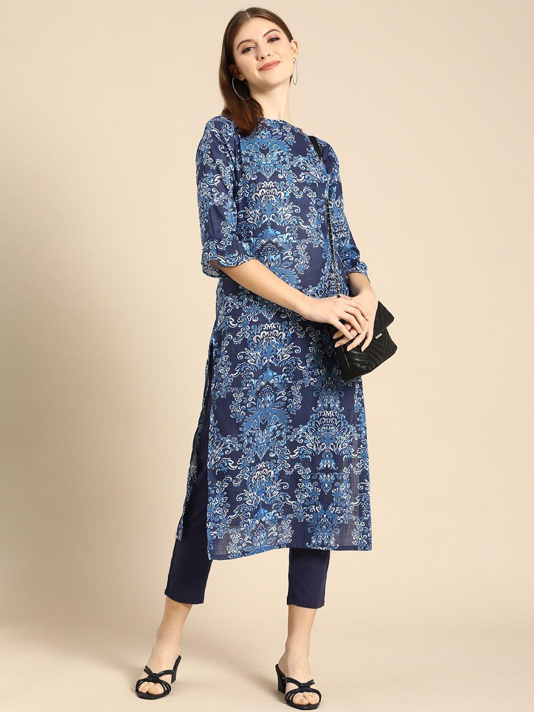 anouk women navy blue & white ethnic motifs printed pure cotton kurta with trousers