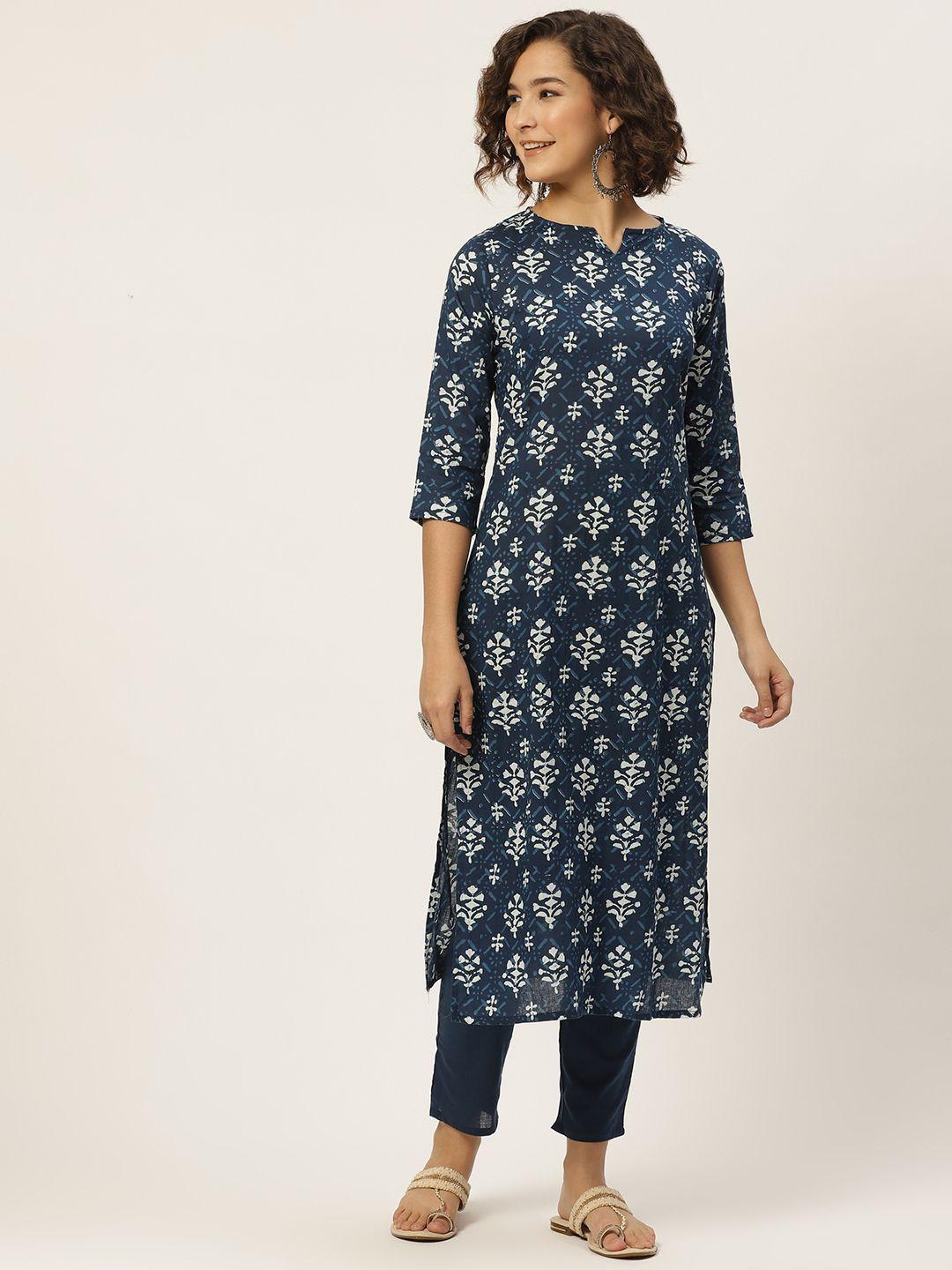 anouk women navy blue & white ethnic motifs printed pure cotton kurta with trousers
