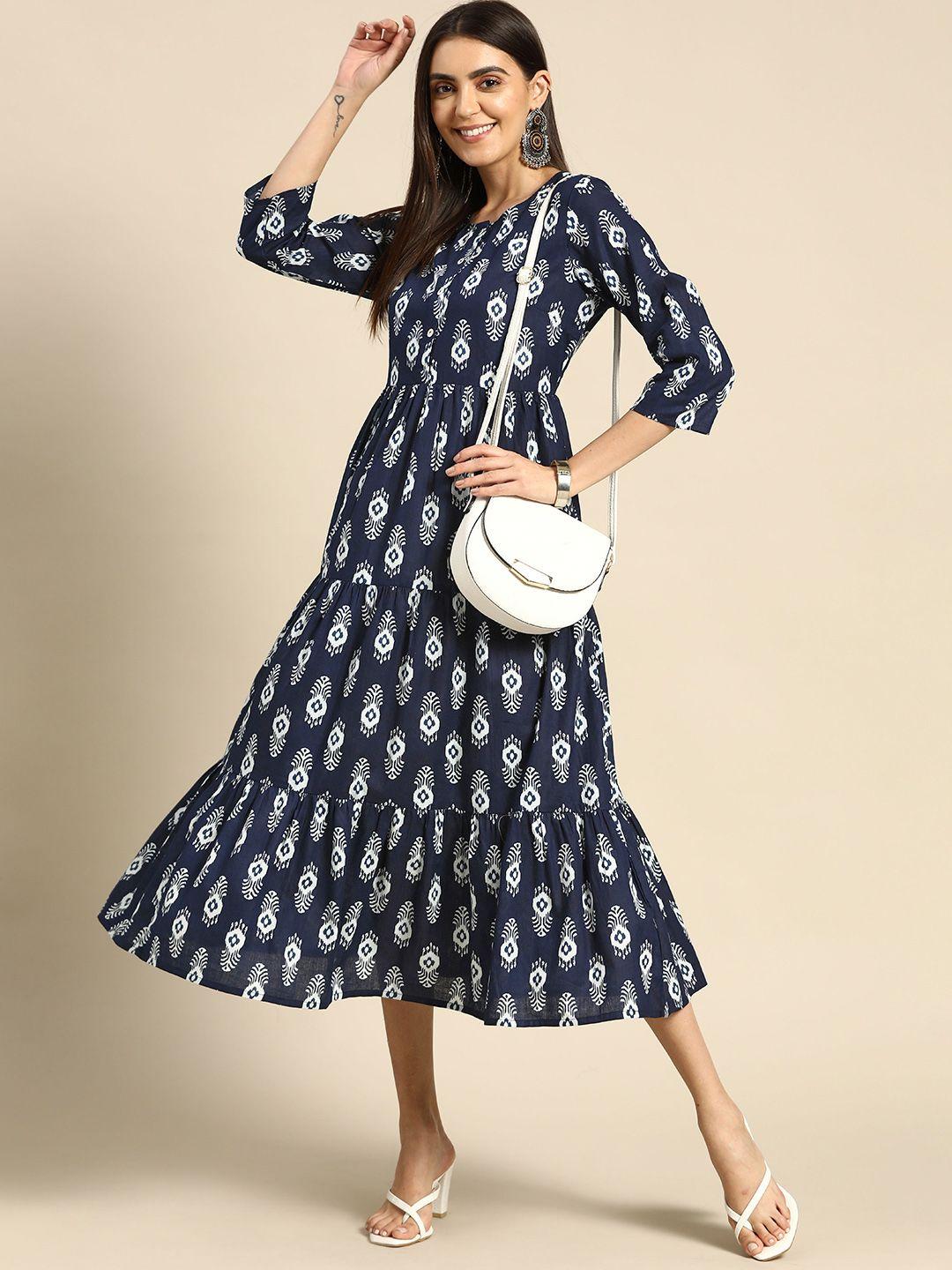 anouk women navy blue & white ethnic motifs pure cotton a-line midi dress