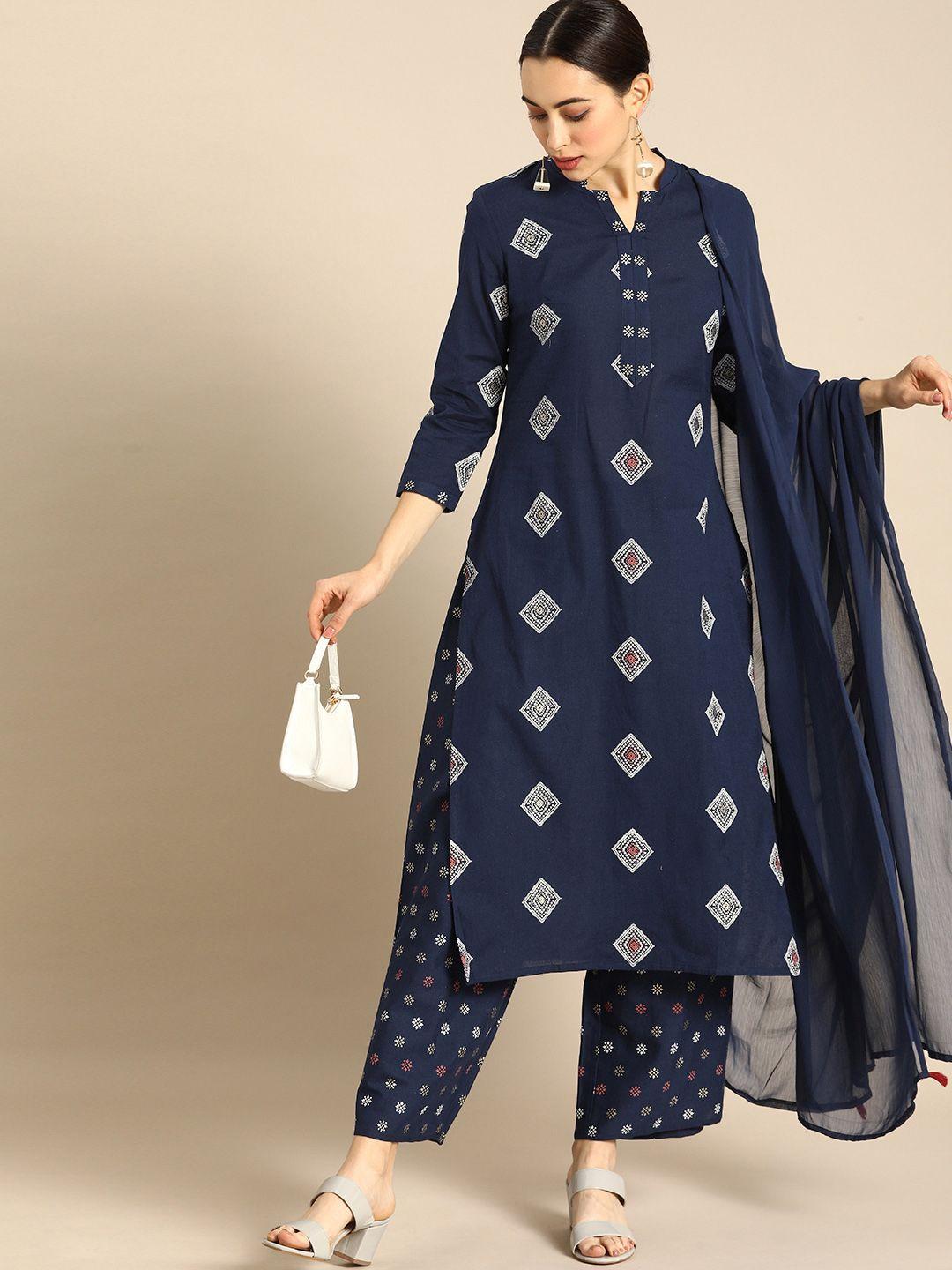 anouk women navy blue & white foil printed kurta with palazzos & dupatta