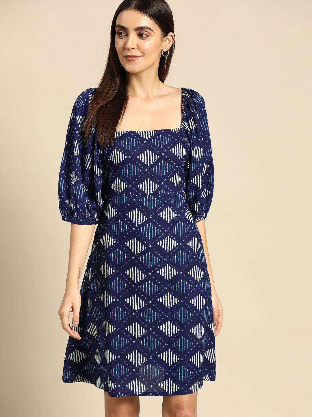 anouk women navy blue & white printed a-line dress with stylized back