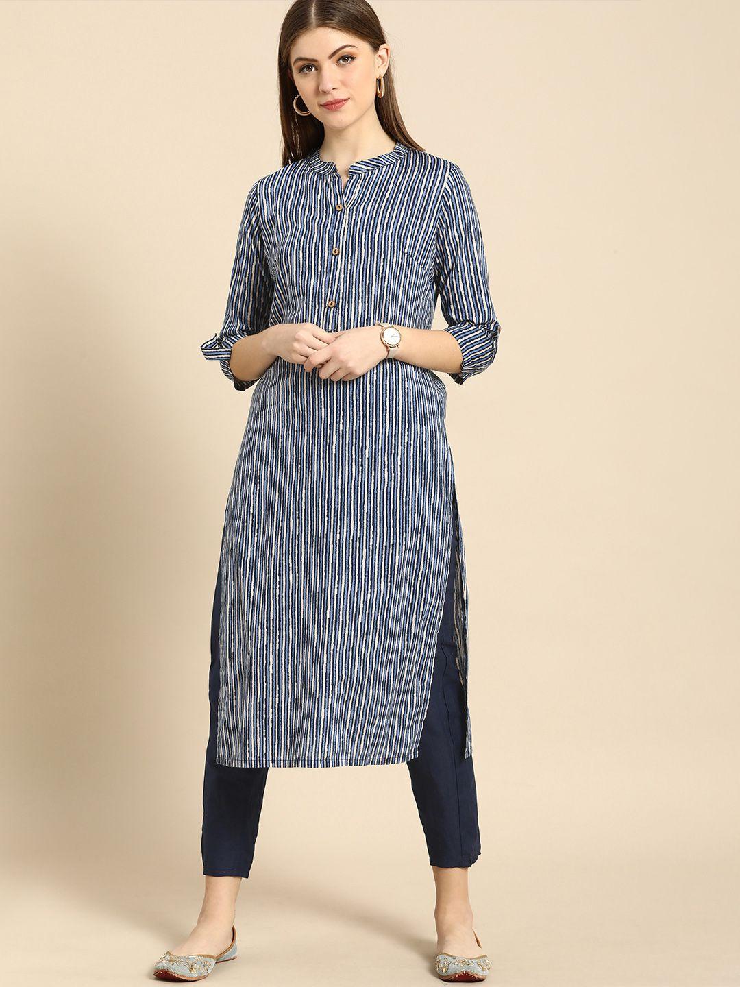 anouk women navy blue & white striped pure cotton kurta with trousers