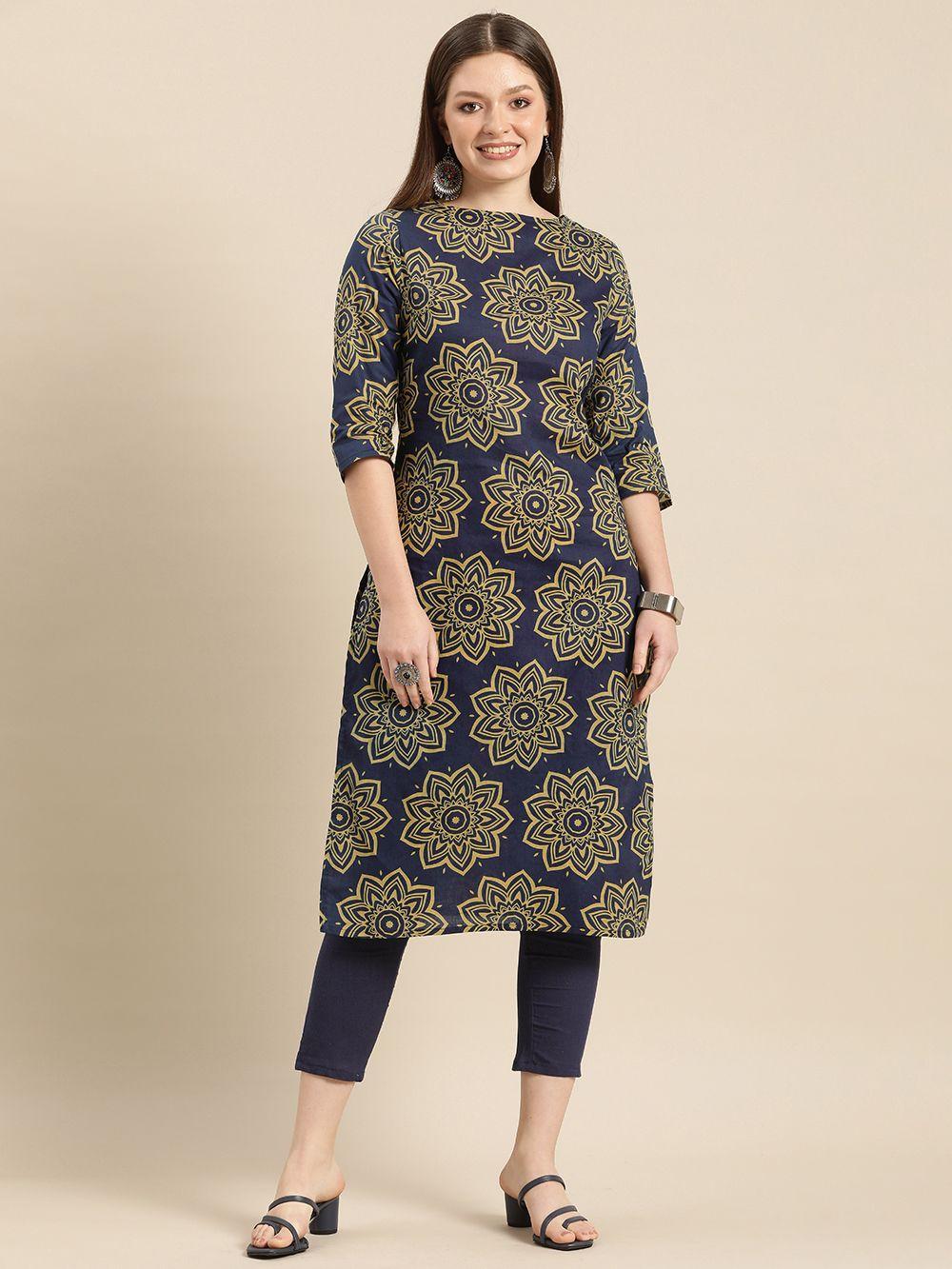 anouk women navy blue and mustard floral printed pure cotton kurta with trousers