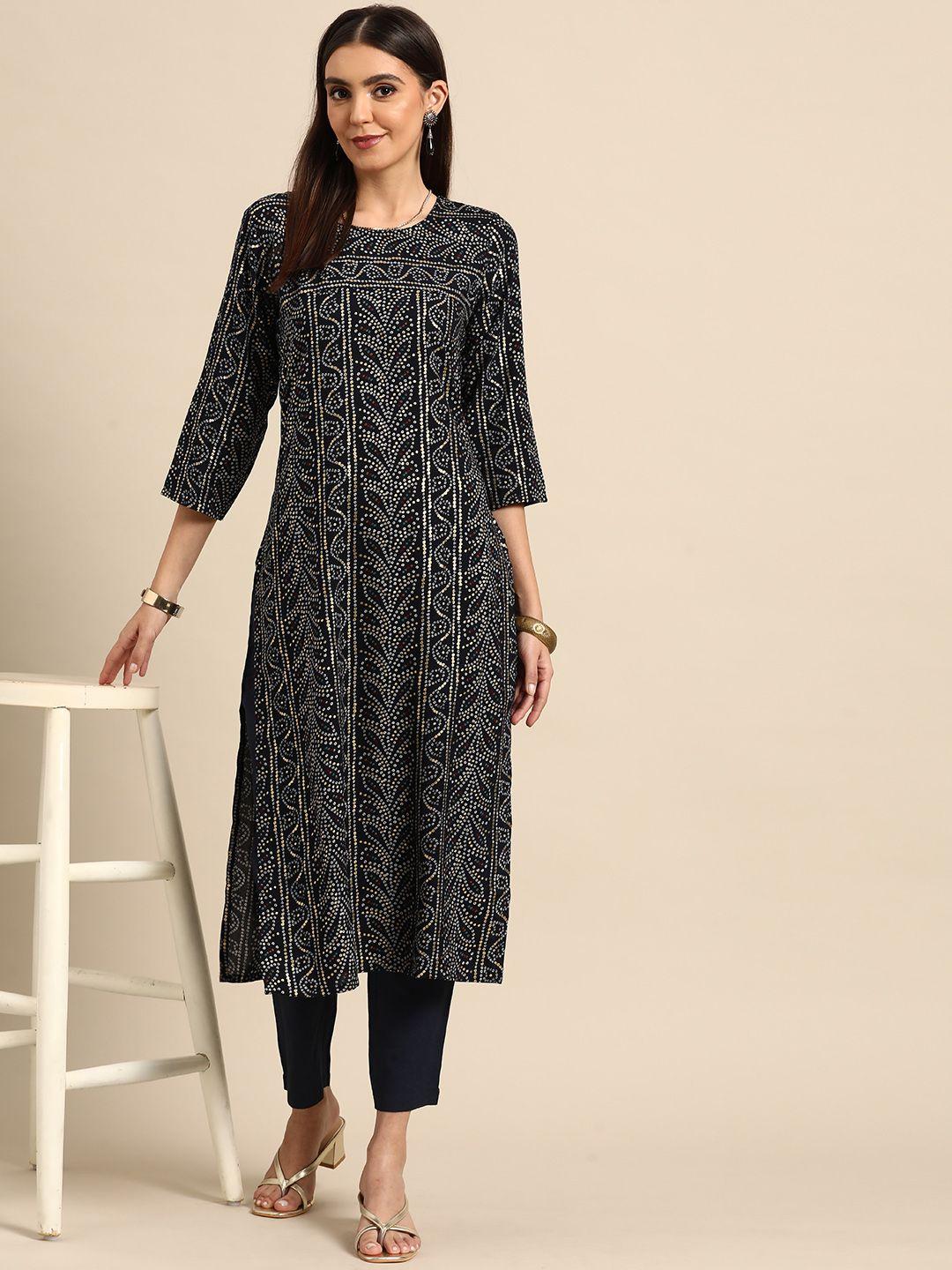 anouk women navy blue bandhani printed kurta