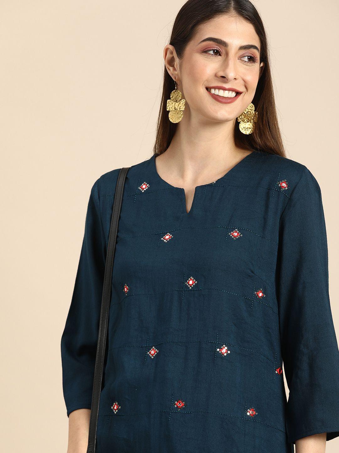 anouk women navy blue embellished mirror work dobby kurta