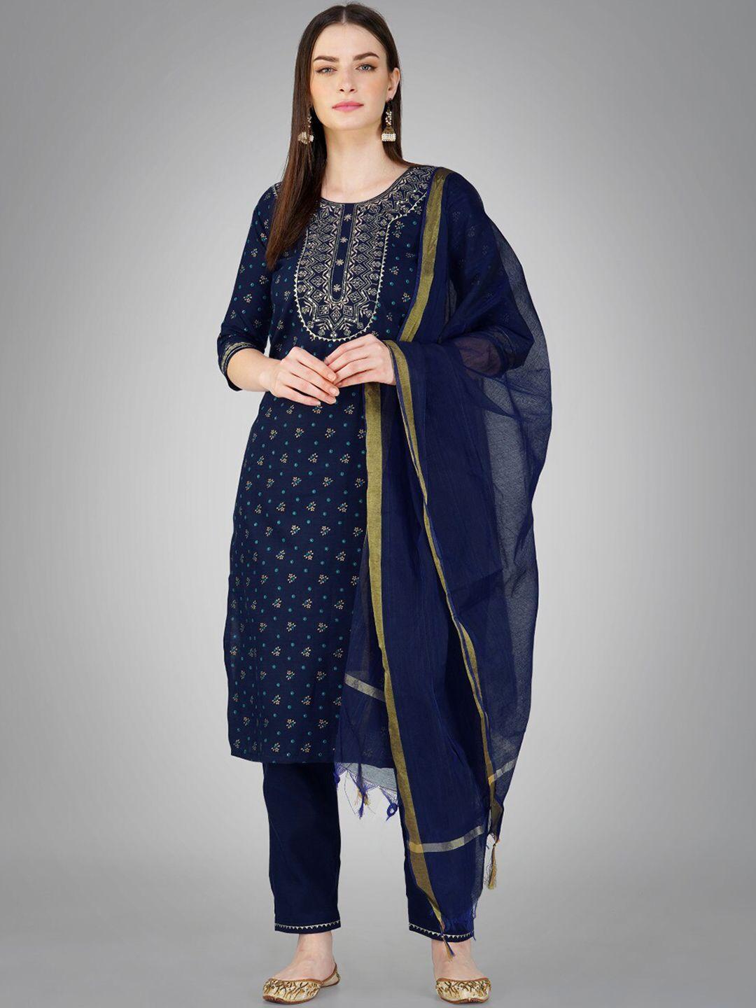 anouk women navy blue embroidered regular sequinned kurta with trousers & with dupatta