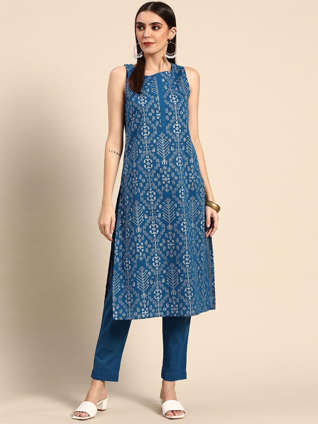 anouk women navy blue ethnic motifs printed kurta with trousers