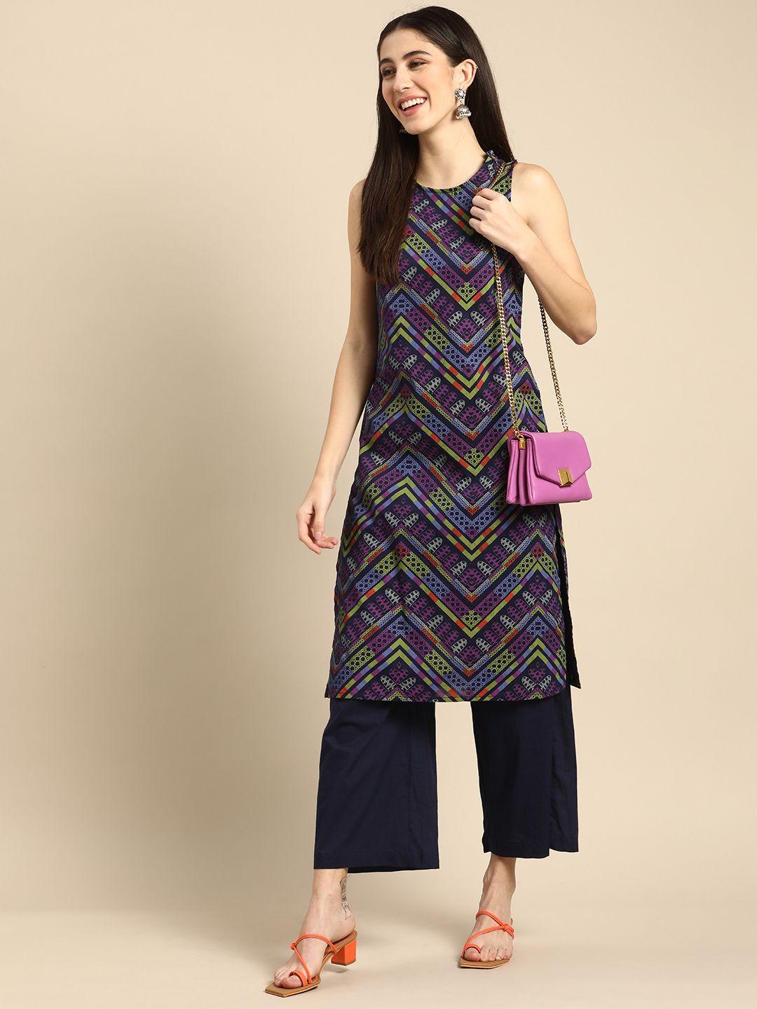 anouk women navy blue ethnic motifs printed pure cotton kurta with palazzos