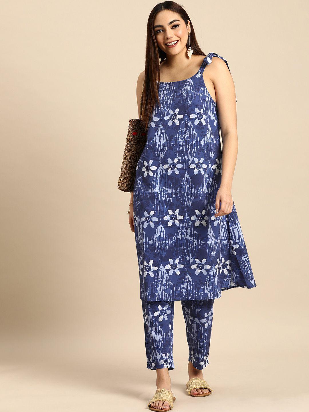 anouk women navy blue floral printed kurta with trousers