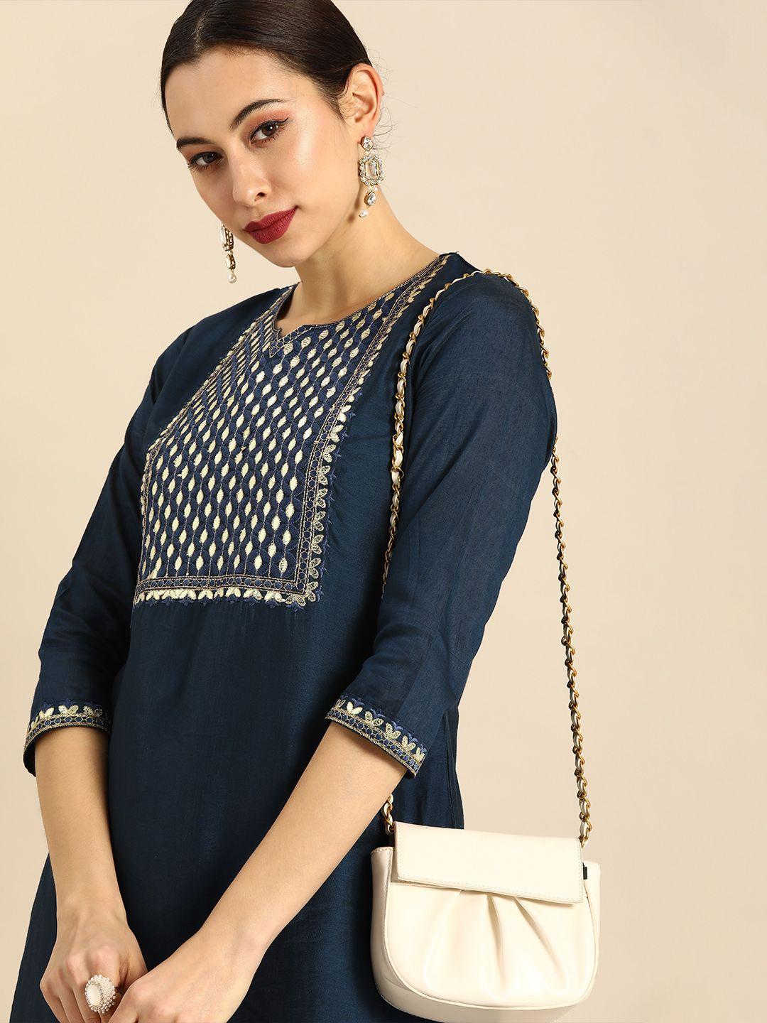 anouk women navy blue gotta patti embroidered kurta with palazzos