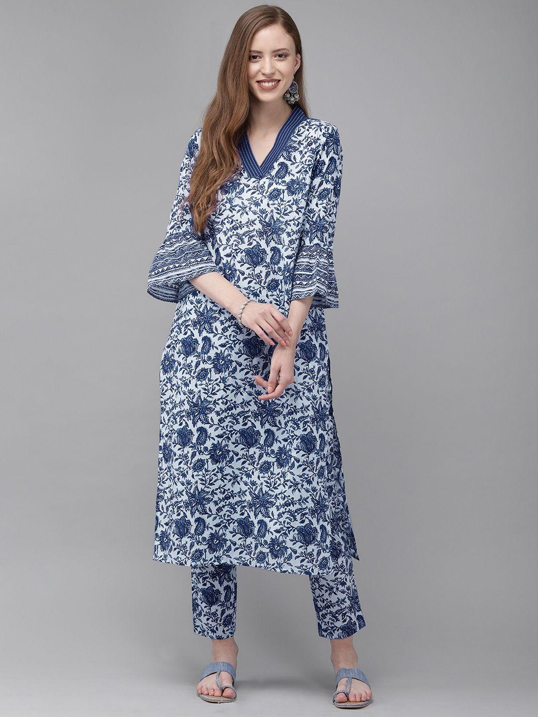 anouk women navy blue printed indigo kurta with trousers