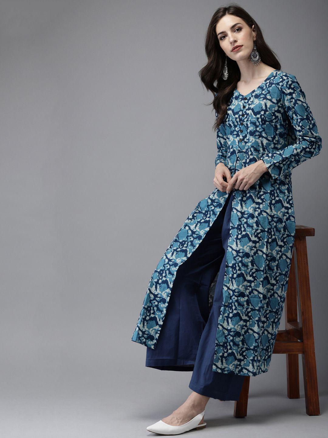 anouk women navy blue printed kurta with palazzos