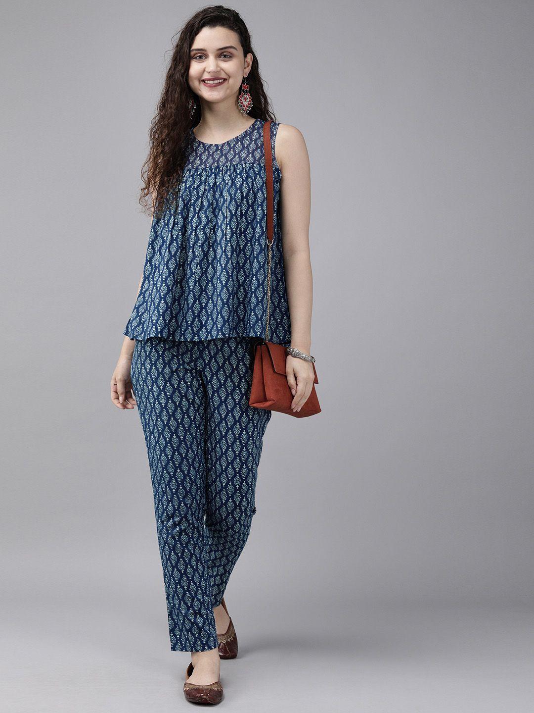 anouk women navy blue printed top with trousers