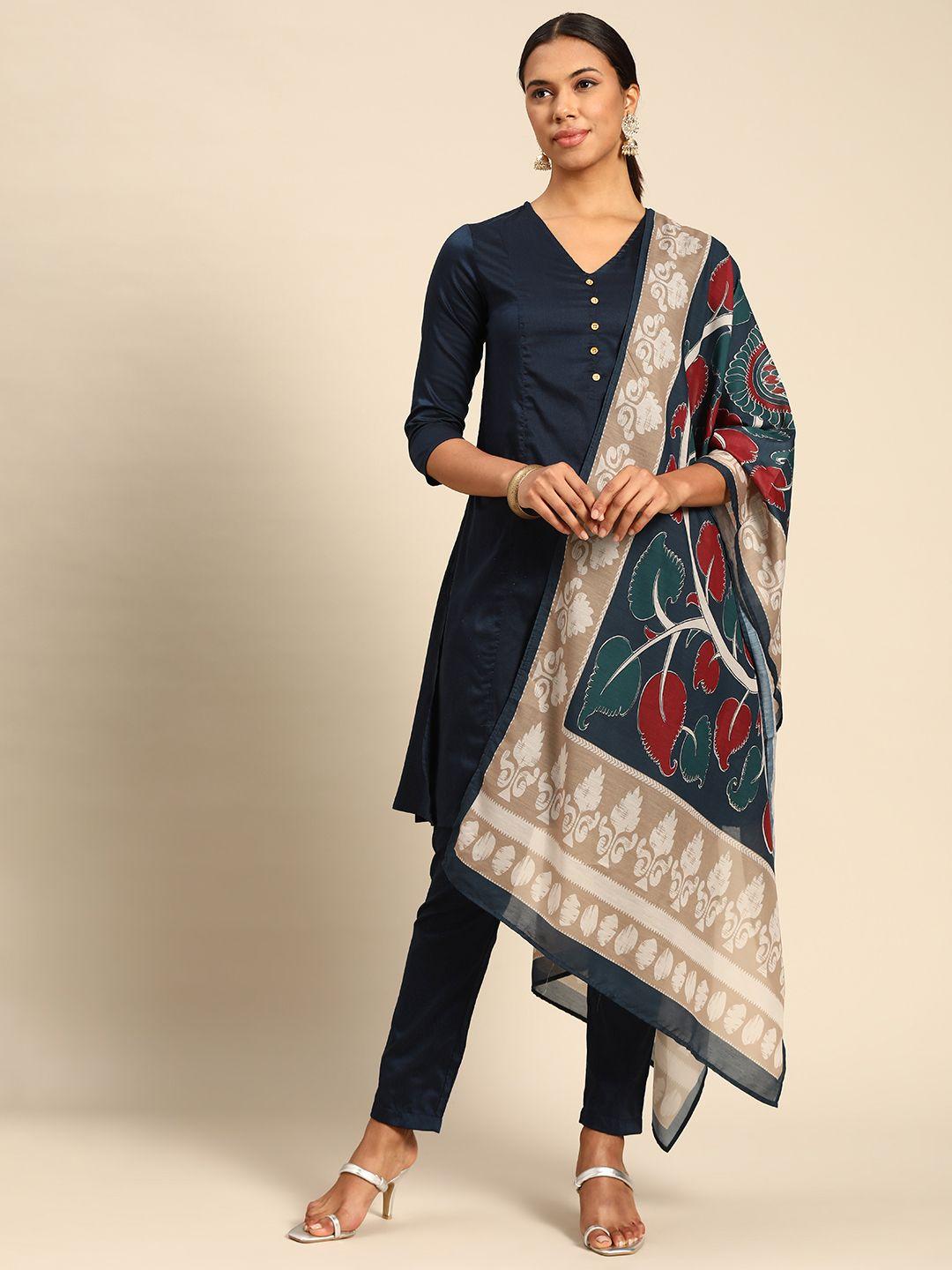 anouk women navy blue solid kurta with trousers & with dupatta