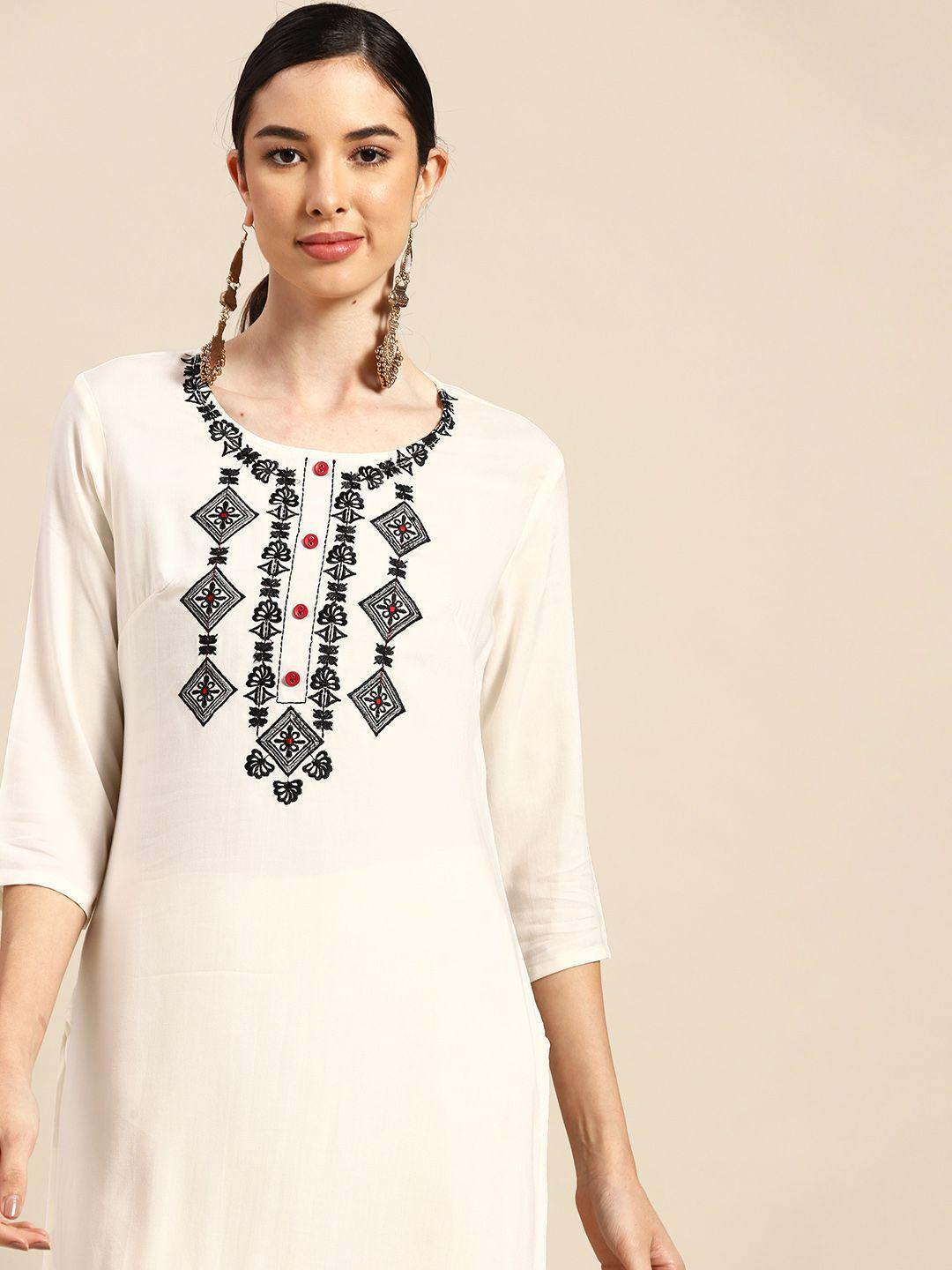 anouk women off white & black geometric embroidered kurta