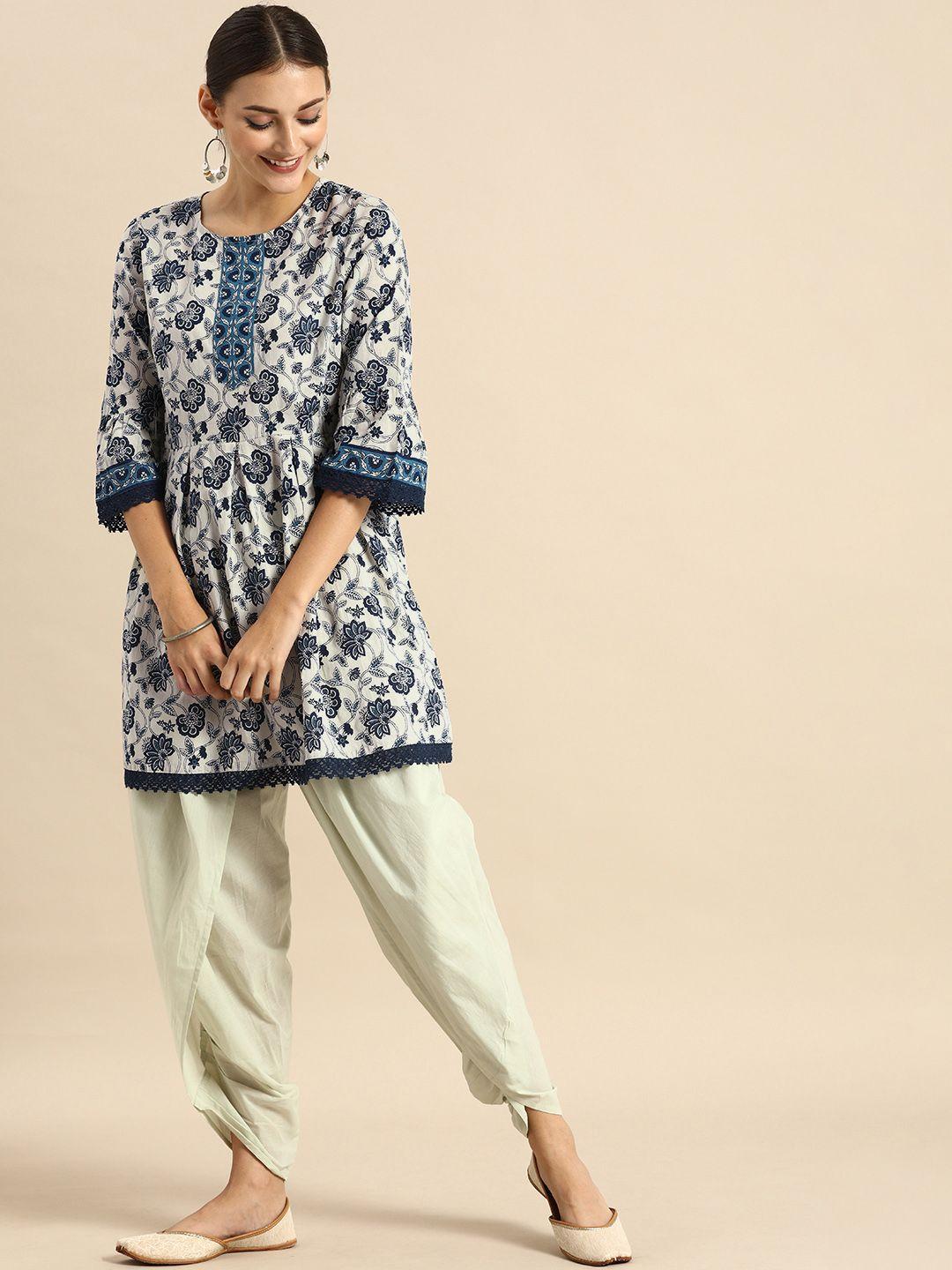 anouk women off-white & navy blue floral printed kurti with dhoti pants