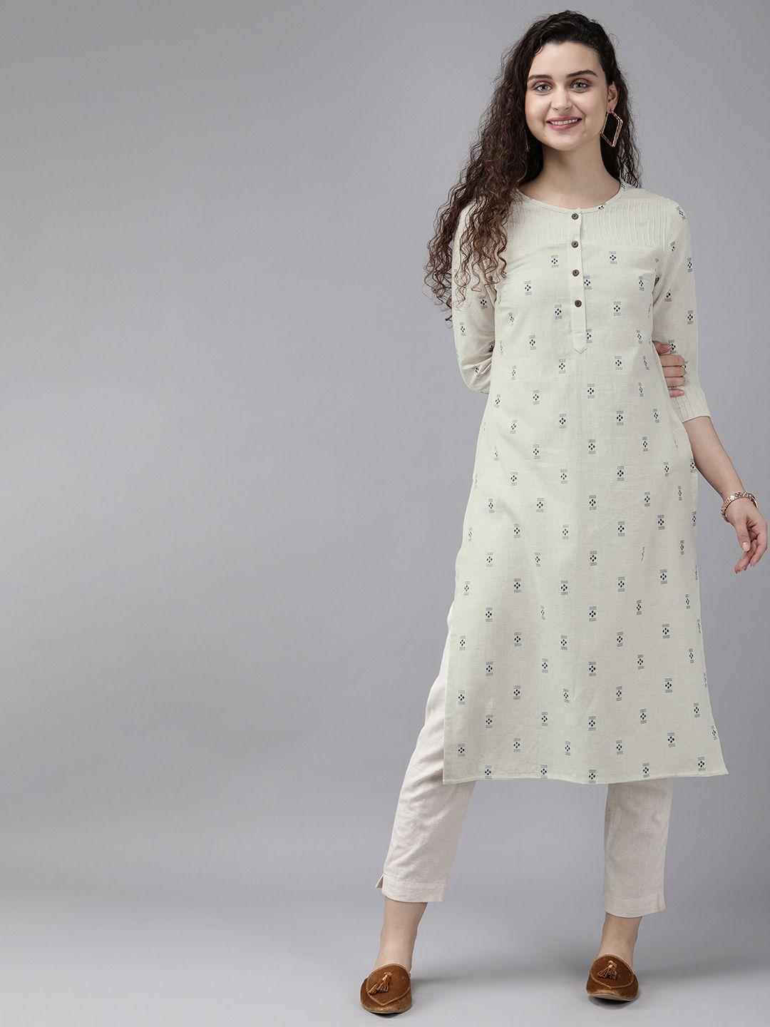 anouk women off-white & navy blue printed straight kurta